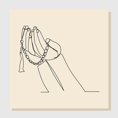 Continuous single one line sketch hand drawn drawing of palm hand hold islamic prayer bead. Single line art of ramadan kareem and ied mubarak concept. Vector illustration