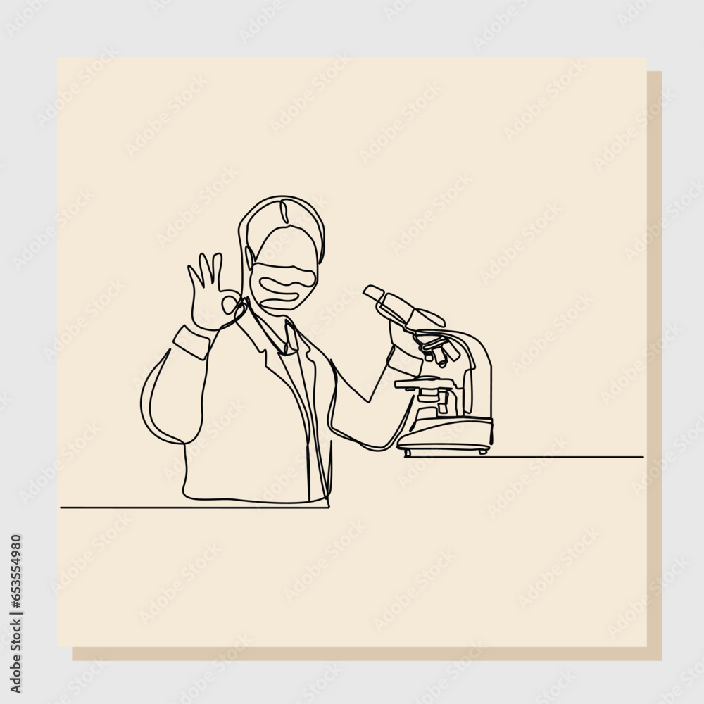 Wall mural continuous single line sketch drawing of female scientist analyze using microscope in laboratory. on