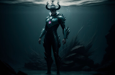 Underwater evil sea deity poses in full height. Generative AI