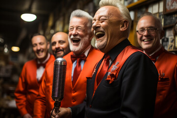 Barbershop quartet singing harmoniously in a classic barber shop, Generative AI