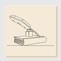 Continuous single line sketch hand drawn drawing of quill pen ink and stack of book. One line art concept of vintage brush pen signature and lettering. Vector illustration