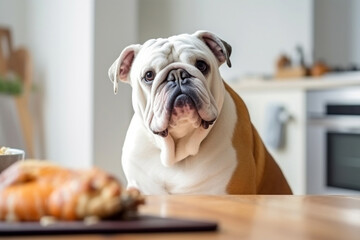 English Bulldog dog sitting in front of kitchen table with roasted chicken or turkey