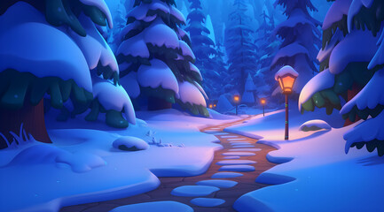 Winter snowing road with tree 3d beautiful cartoon  