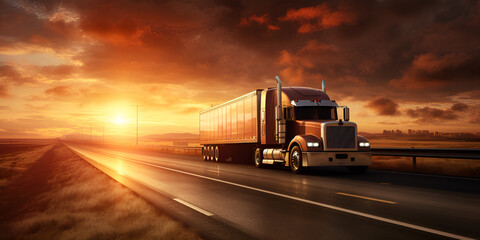 Logistics and truck transportation design for importing and exporting cargo overhead view motion blurred sunset