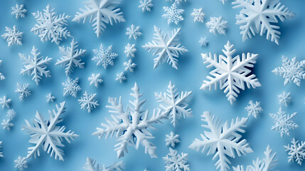 White snowflakes seamless pattern on blue backdrop