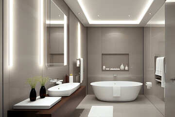 Fototapeta na wymiar Bright elegant bathroom interior in a luxury house. Modern bathroom interior