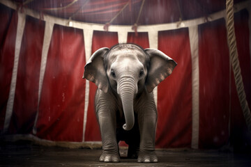 Large elephant inside circus tent with red curtains - obrazy, fototapety, plakaty