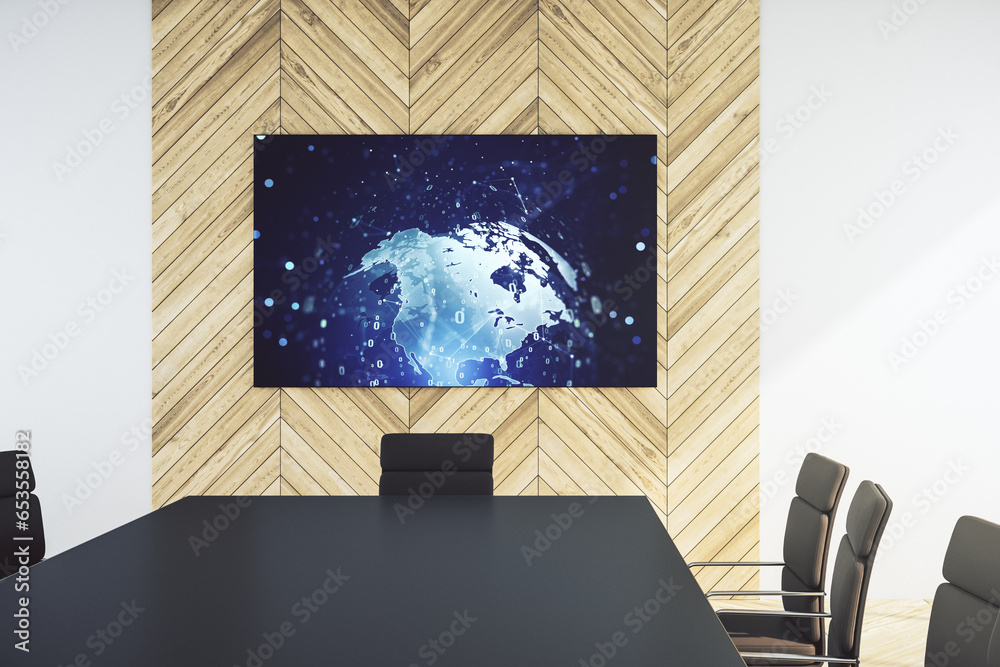 Poster abstract graphic coding sketch and world map on tv display in a modern presentation room, big data a