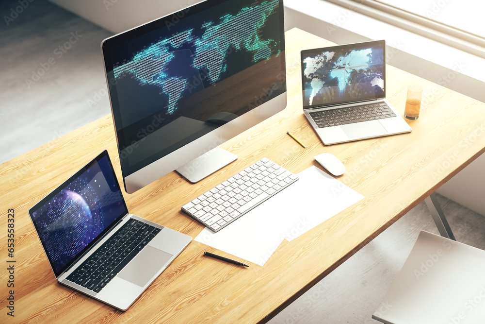 Leinwandbilder abstract digital world map on modern computer monitor, big data and blockchain concept. 3d rendering