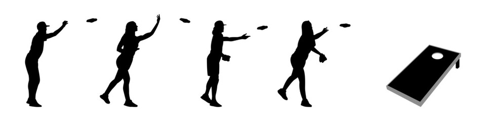 Vector detailed set silhouettes of Cornhole players isolated on white background. Vector illustration. - obrazy, fototapety, plakaty