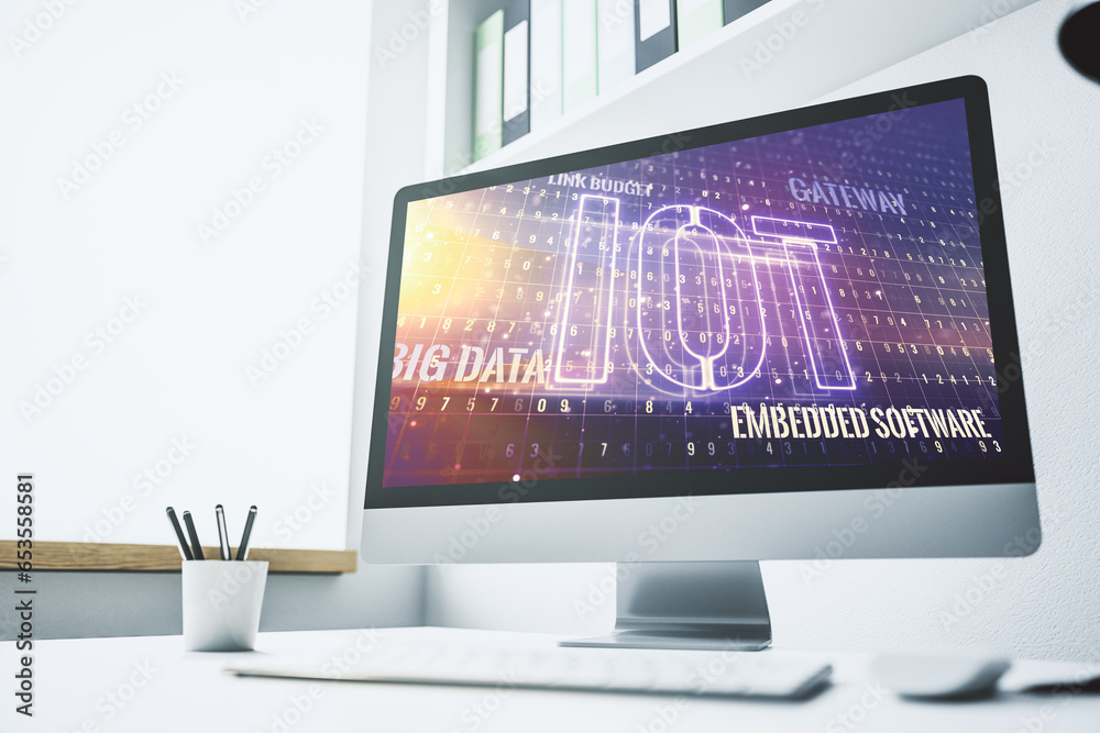Poster creative iot concept on modern laptop screen. 3d rendering