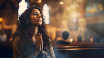 Young woman prays to god in church, concept of faith in religion and belief in God