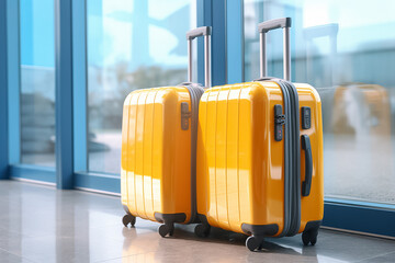 The shot of a yellow suitcase luggages placed on the floor near the window at the airport with morning lights, Generative AI.