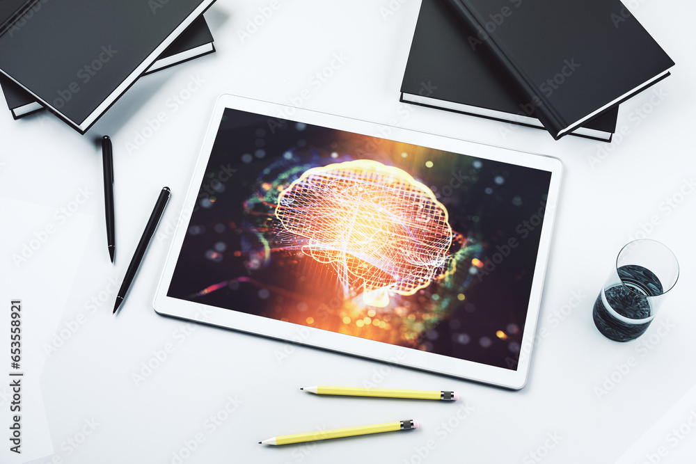Leinwandbilder creative artificial intelligence concept with human brain hologram on modern digital tablet screen. 