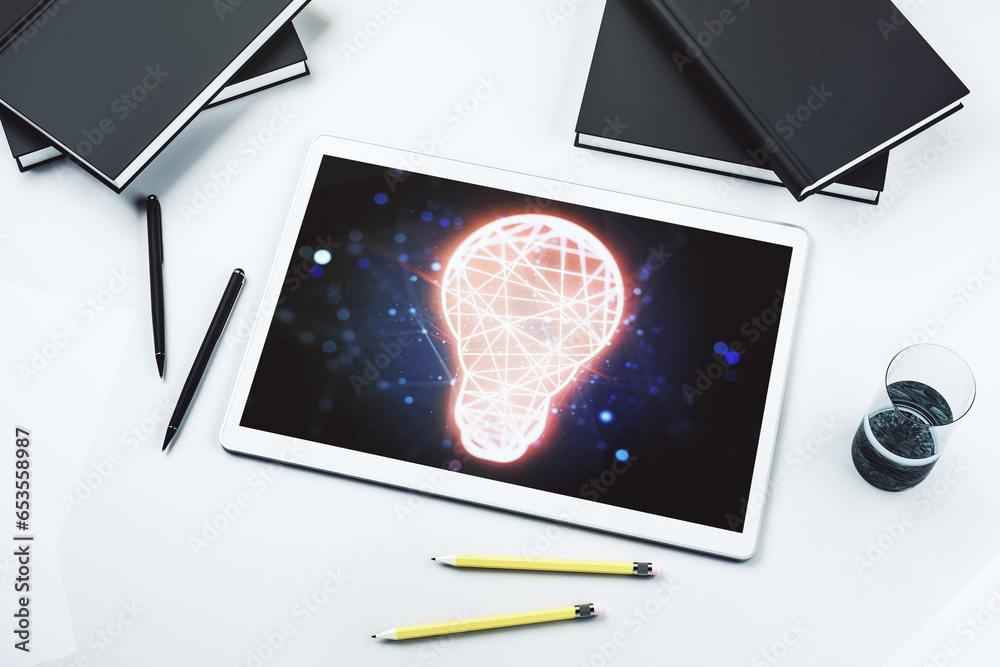Poster creative light bulb hologram on modern digital tablet screen, idea concept. top view. 3d rendering
