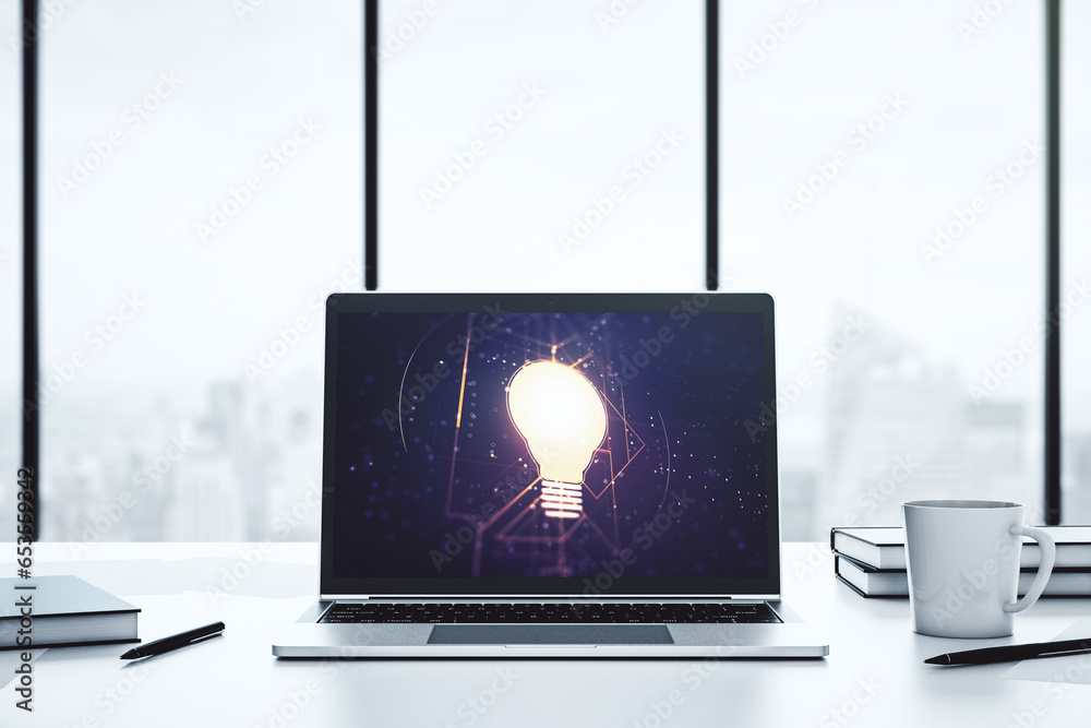 Aufkleber modern computer monitor with creative light bulb hologram, research and development concept. 3d rend