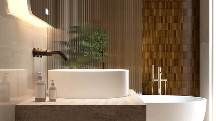 Brown stone vanity counter with washbasin, reeded glass partition, bathtub in sunlight from window on marble floor, brown tile wall. Interior design decoration, toiletries product background 3D
