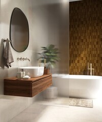 Luxury bathroom with bathtub, reeded glass partition, vanity counter, washbasin in sunlight from window on marble floor, brown tile wall. Interior design decoration, toiletries product background 3D - obrazy, fototapety, plakaty