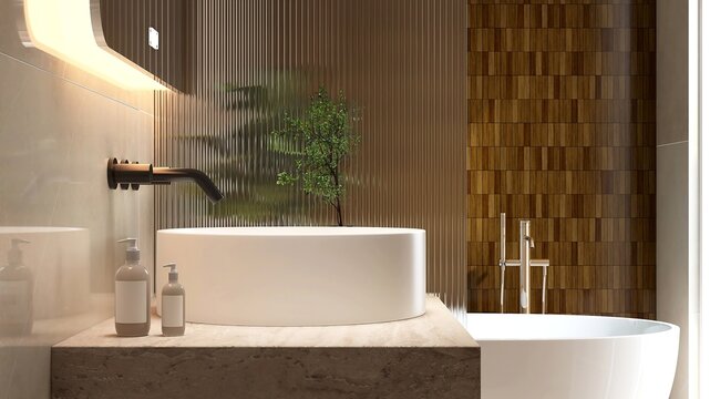 Brown stone vanity counter with washbasin, reeded glass partition, bathtub in sunlight from window on marble floor, brown tile wall. Interior design decoration, toiletries product background 3D