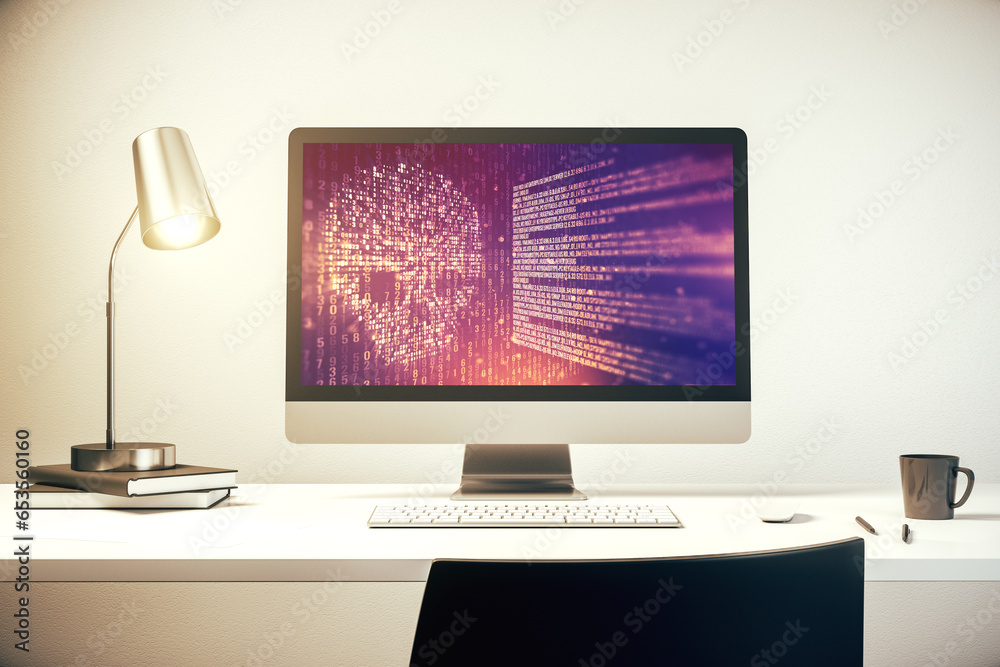 Poster Modern computer monitor with creative code skull hologram. Malware and cyber crime concept. 3D Rendering