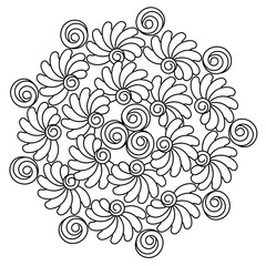 Abstract floral coloring book for adults. Doodle Flowers Mandala. Vector black and white illustration. Hand-drawn round background.