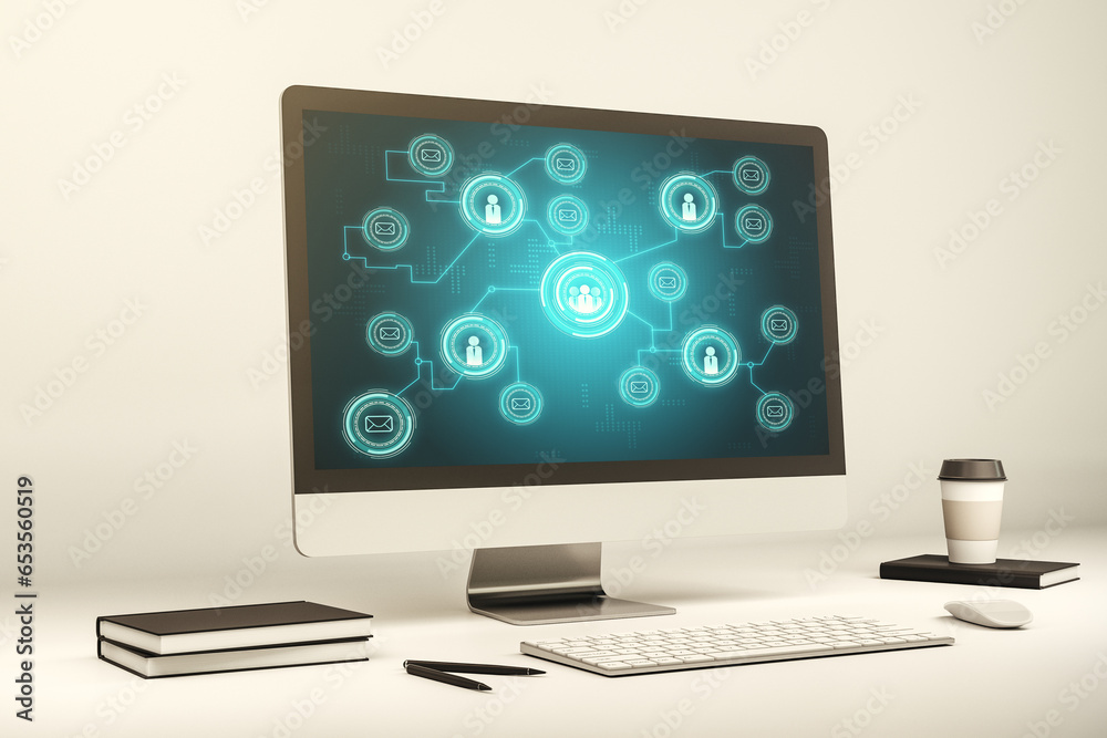 Poster Modern computer display with social network icons concept. Networking concept. 3D Rendering