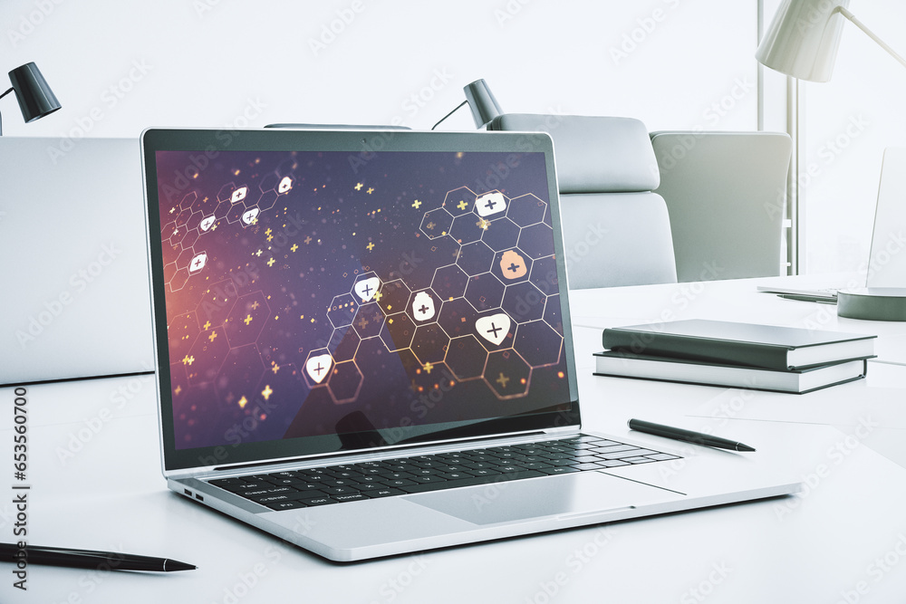 Poster Creative abstract medical hologram on modern computer monitor, online medical consulting concept. 3D Rendering