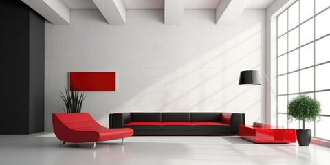modern minimalistic interior design of light bright monochrome room with black and white and ligth red, generative AI