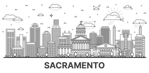 Outline Sacramento California city skyline with modern and historic buildings isolated on white. Vector illustration. Sacramento USA cityscape with landmarks.