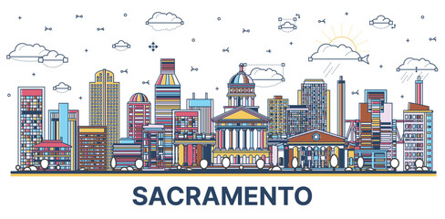 Outline Sacramento California city skyline with colored modern and historic buildings isolated on white. Sacramento USA cityscape with landmarks.