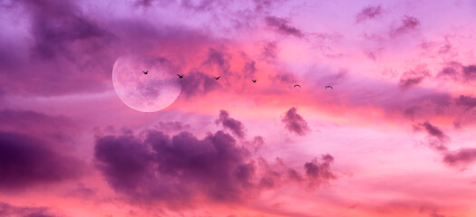 Sunset Full Moon Birds Clouds Ethereal Surreal Beautiful Romantic Sky Banner Header