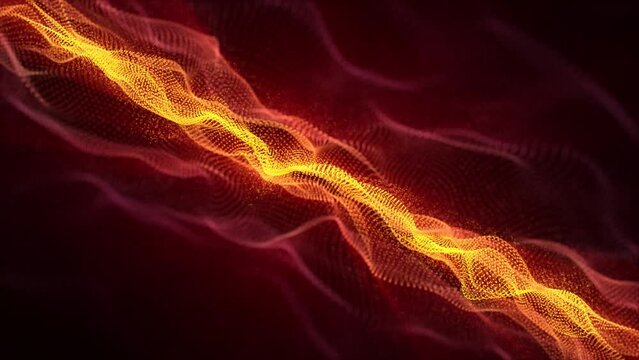 Looped animation of moving abstract waves made of hot yellow and purple particles on a dark background , 4k , 60 fps