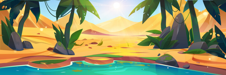 Fototapeta na wymiar Desert landscape with lake and palm trees in oasis in sand and hills. Water and green plants in middle of dune. Cartoon vector illustration of sunny summer scenery of savannah with pond and greenery.