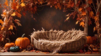 Wicker newborn digital backdrop with autumn decoration  - obrazy, fototapety, plakaty
