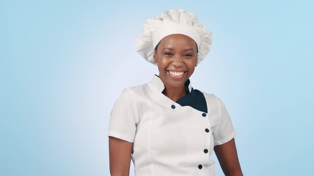 Chef, happy black woman or delicious kiss gesture for cooking service, restaurant career or bakery feedback. Food industry, hospitality kitchen or studio portrait of culinary baker on blue background