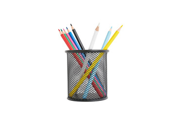 Pen holder full of colorful pencils on isolated background