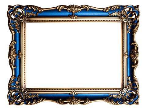 Blue carved wooden frame. Carved gilded frame on isolated background, Neoclassical full picture frame.