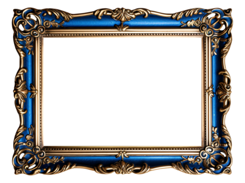 Blue carved wooden frame. Carved gilded frame on isolated background, Neoclassical full picture frame.