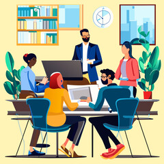 students in classroom business team work, discussion, different people at work, black woman, black rights, vector 