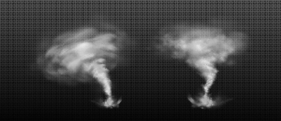 Hurricane whirlwind storm with swirl dust and cloud. Realistic vector illustration set of tornado and twister with transparent effect. Destructive cyclone vortex funnel - natural weather disaster.