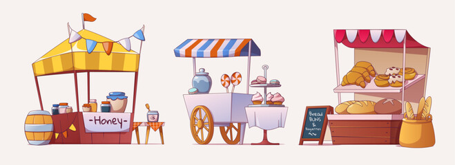 Street food market stalls with honey and bee products, fresh bakery pastries, confectionery candies and cookies. Cartoon vector illustration set of farmer stand with food for funfair and park festival