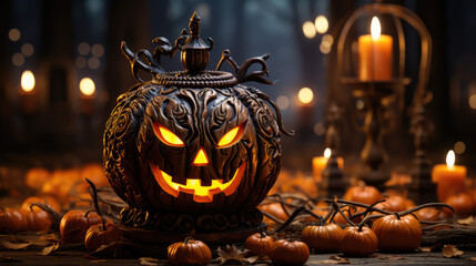 An eerie pumpkin lantern with haunting shadows on a wooden backdrop