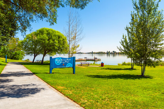 General view of the welcome sign to the The public Blue Heron Park and Fishing Pier along the shores of Moses Lake in the Central Washington city of Moses Lake, Washington, on August 5 2023.