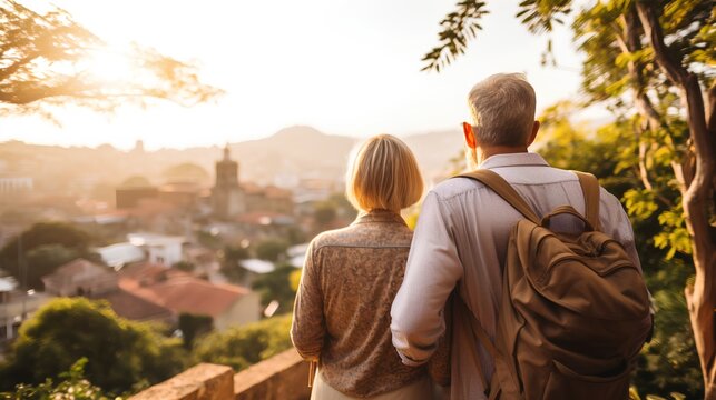 A senior couple, dressed in casual travel attire, are seen from the back, carrying backpacks and looking out at a city scene in the distance at a hill or a viewing platform.