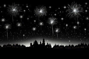 Fototapeta na wymiar Against a black backdrop, a black-and-white abstract festive background showcasing fireworks bursting over the city. Illustration