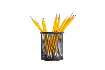 Pen holder full of pencils on isolated background