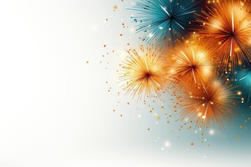 A white background abstract festive banner offering customizable space and featuring colorful fireworks along one side, adding a celebratory element to your design. Illustration