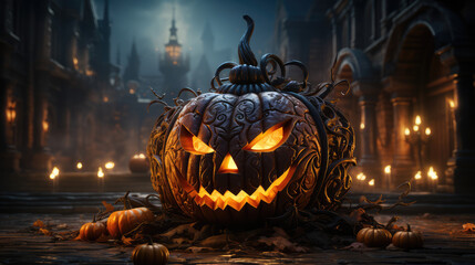 An eerie pumpkin lantern with haunting shadows on a wooden backdrop