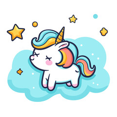Unicorn Flying With Star and rainbow cloud Cartoon PNG, illustration For Tshirt, Mug