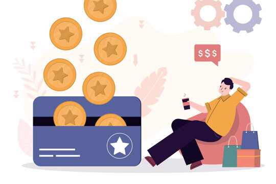 Relaxed consumer sits in chair and drinks coffee after shopping. Bonus points or cashback falls on client card. Bonus points, reward for purchases or spending money. Loyalty program.